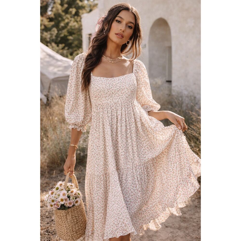 Storia Cream Floral Midi Dress with Puff Sleeves